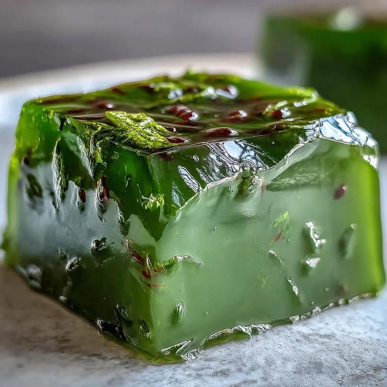 Beautifully layered yokan dessert featuring smooth red bean jelly topped with fragrant matcha jelly, chilled and sliced for an elegant presentation.