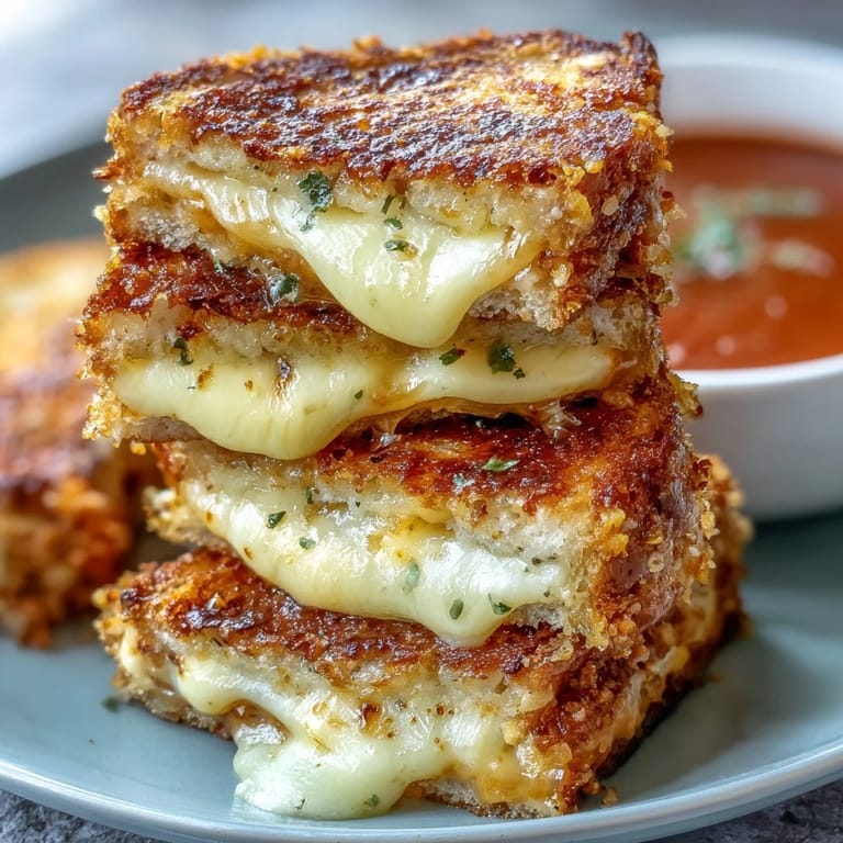 Perfectly toasted mini grilled cheese strips ready for dunking into rich tomato soup.