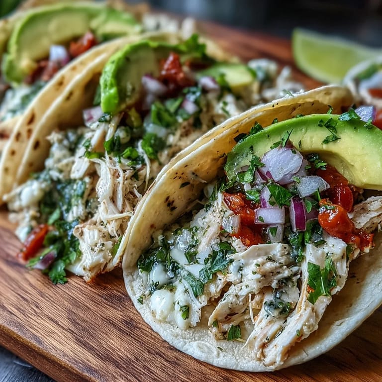Deliciously easy slow cooker chicken tacos, piled high with fresh garnishes.