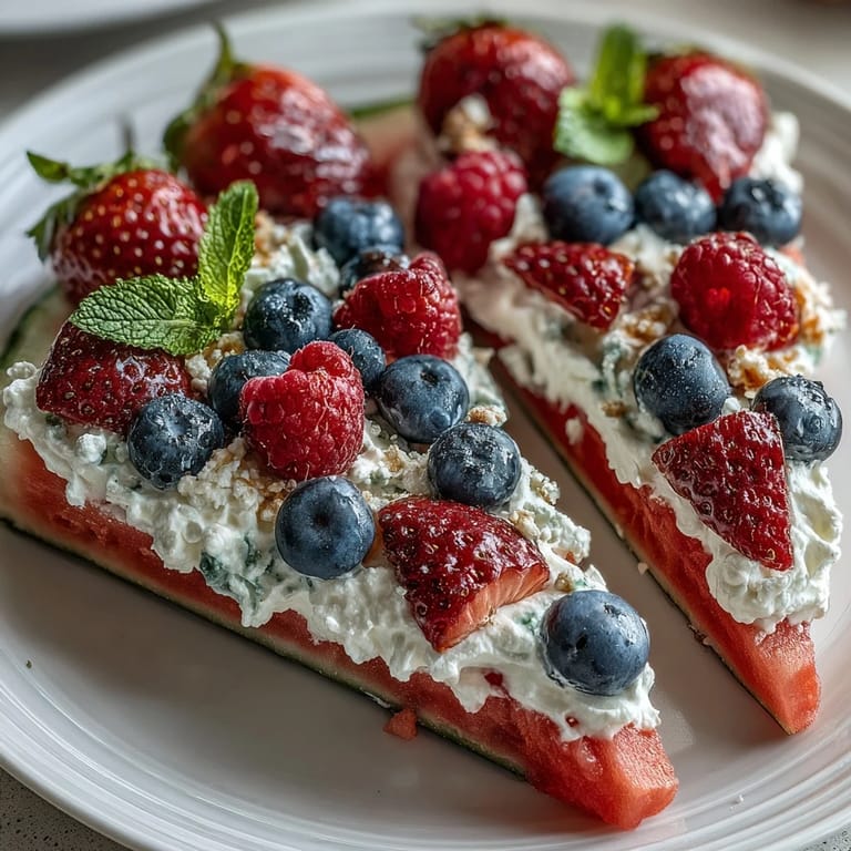 Festive berry-topped watermelon pizza dessert, perfect for summer backyard parties.