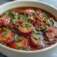 A steaming bowl of Crock Pot BBQ Cocktail Sausage Soup, garnished with fresh parsley and served with crusty bread for dipping.