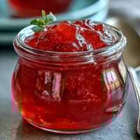 Homemade Guava Jelly with a glistening texture in a glass jar, surrounded by fresh pink guavas on a rustic kitchen table.