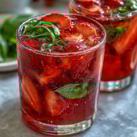 A vibrant pitcher of strawberry basil sangria mocktail with fresh fruit slices and herbs.