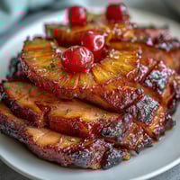 Honey Glazed Ham with Pineapple rings glistening under a caramelized honey-mustard glaze, perfect for Easter dinner.