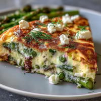 Spring Frittata with Asparagus, Peas and Goat Cheese in a skillet, golden and puffed, with bright green vegetables and creamy cheese topping.
