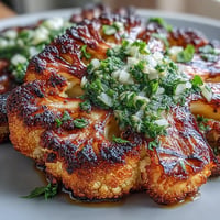 Smoky BBQ cauliflower steaks with chimichurri sauce, grilled until tender and topped with fresh herb drizzle.